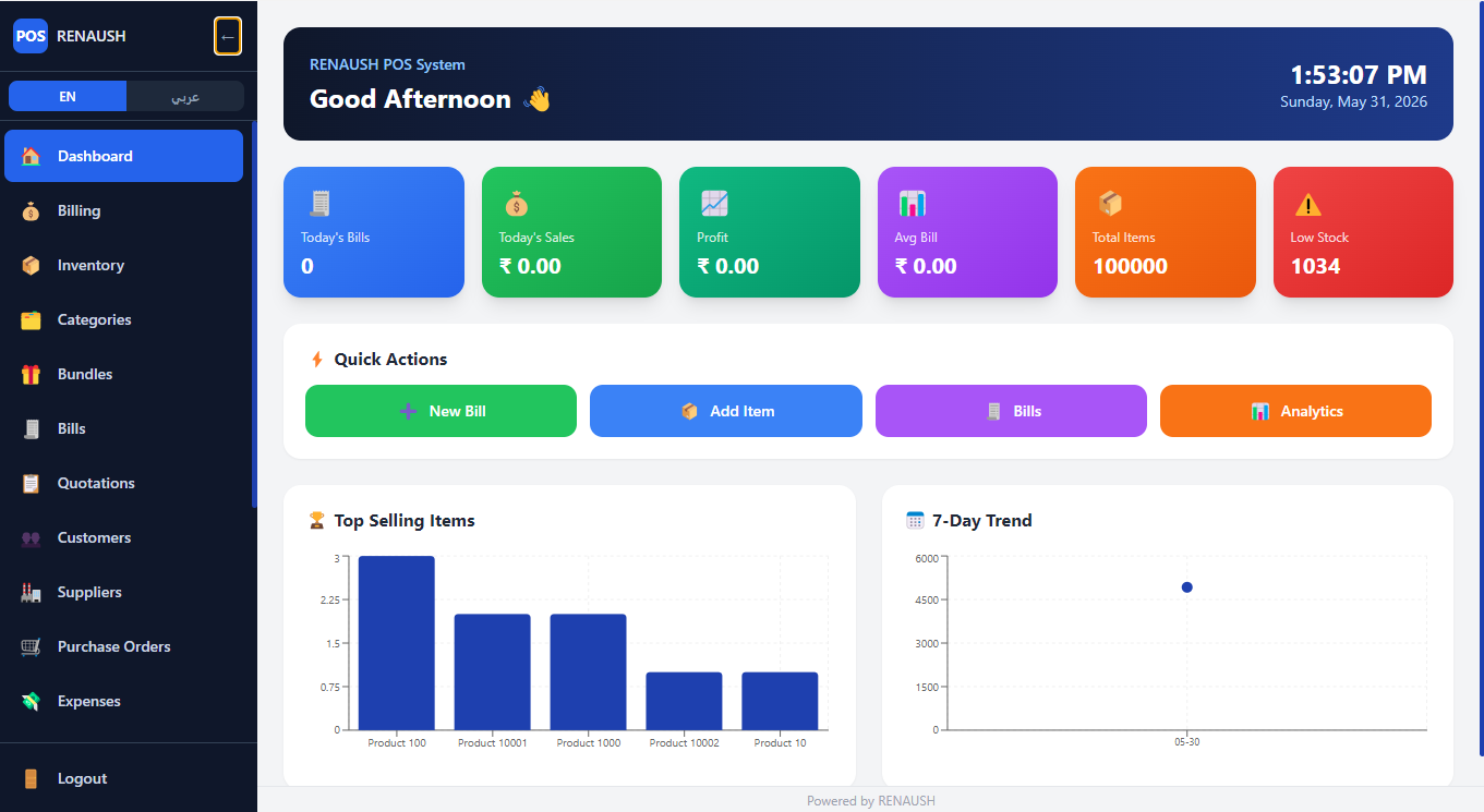 RENAUSH POS — live dashboard showing billing, inventory, and analytics