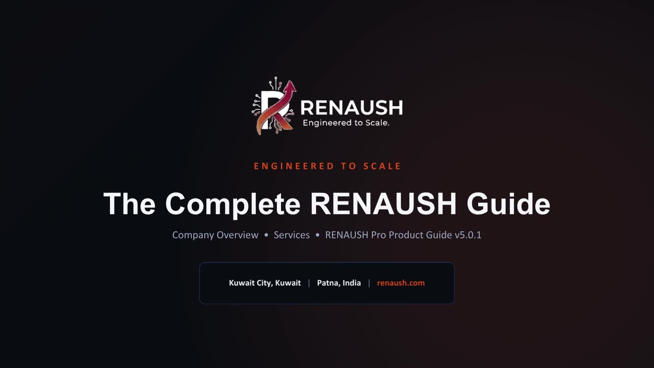 Title slide of The Complete RENAUSH Guide — company overview, services, and RENAUSH Pro product guide